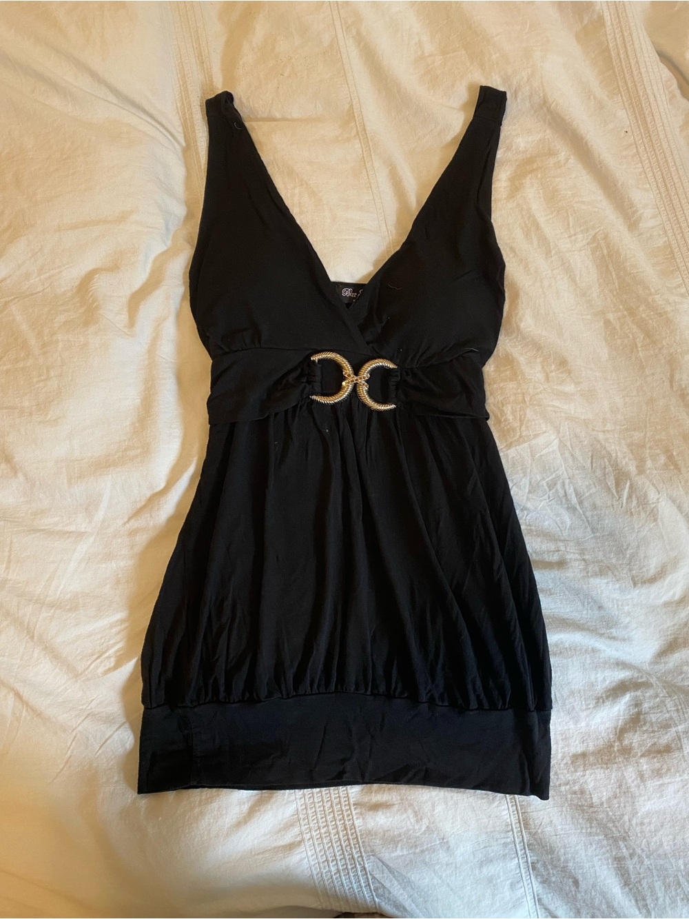 Black Sleeveless V-Neck top with Gold Buckle Detail